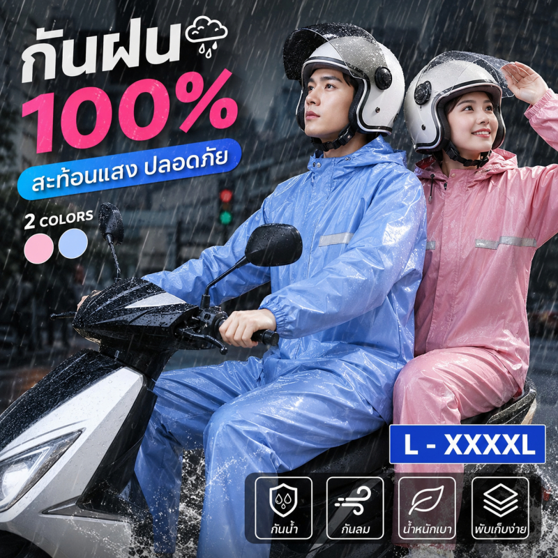🌧️พร้อมส่ง COD🌧️ ชุดกันฝน ขนาด L-5XL มีแถบสะท้อนแสง รุ่นหมวกติดเสื้อ สีชมพู สีฟ้า ชุดกันฝนผู้ใหญ่