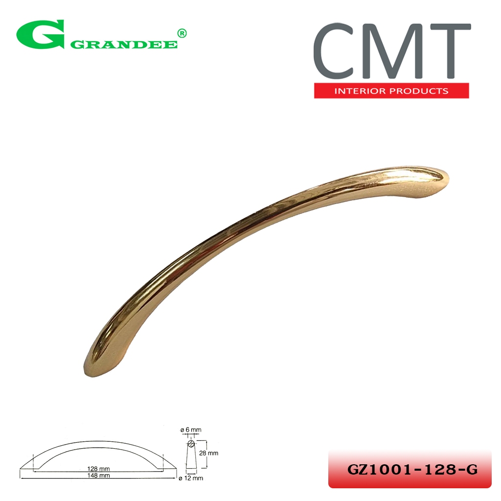 GZ1001-128-G มือจับเฟอร์นิเจอร์ สีทองเงา  ขนาด 128 มม. แถมสกรู (M4x25)