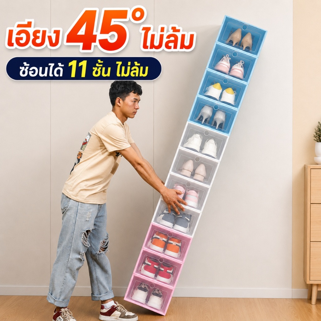 กล่องรองเท้า กล่องใส่รองเท้า ตู้รองเท้าแบบซ้อนกันได้ พลาสติกยืดหยุ่น ประกอบง่าย เหมาะสำหรับคอนโดและหอพัก