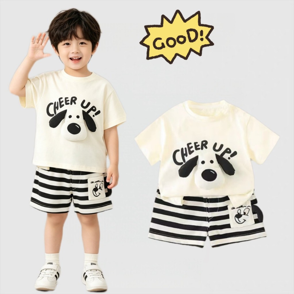 BB332 เซ็ตเสื้อยืดเด็กผู้ชาย + กางเกงขาสั้น ลายหมา Cheer Up! น่ารัก