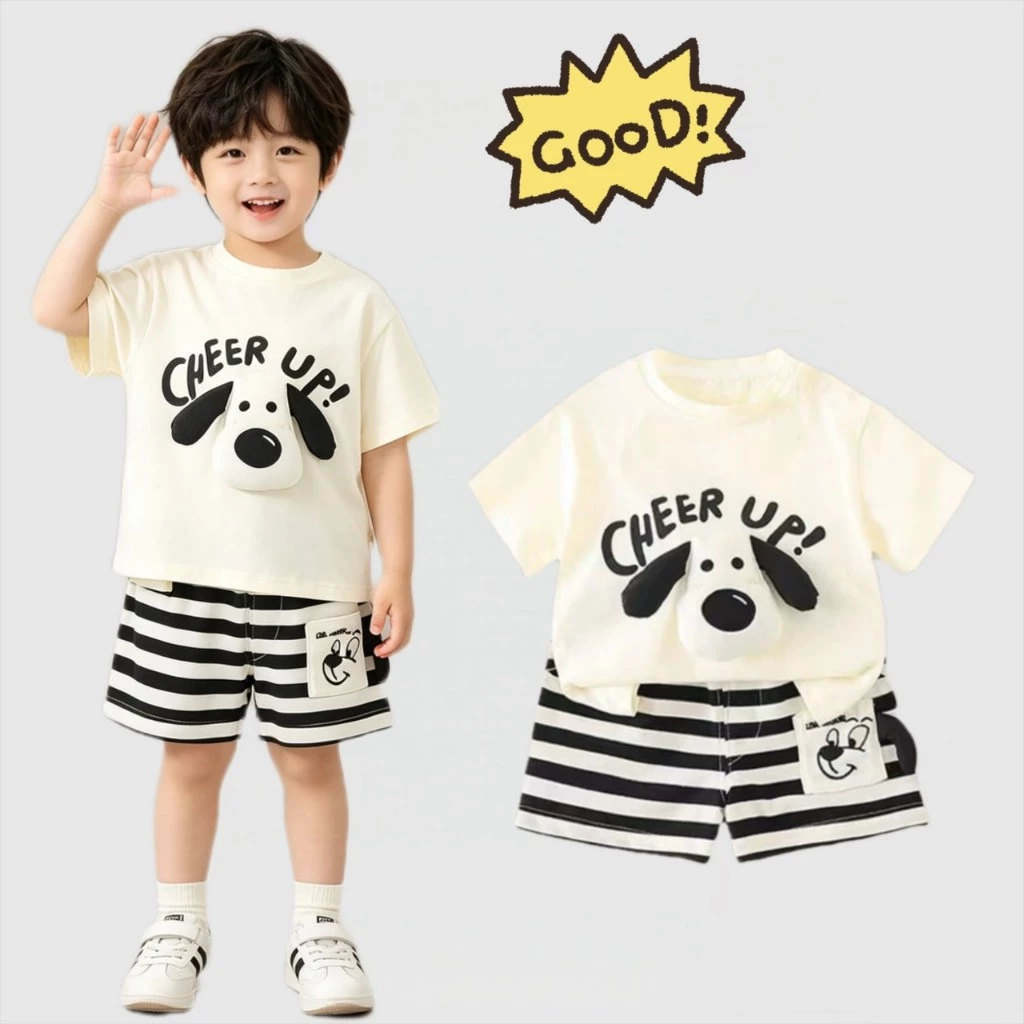 BB332 เซ็ตเสื้อยืดเด็กผู้ชาย + กางเกงขาสั้น ลายหมา Cheer Up! น่ารัก