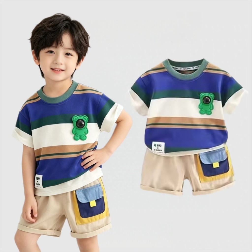 BB334 ชุดเด็กผู้ชาย 2 ชิ้น เสื้อแขนสั้นลายทาง กางเกงขาสั้นมีกระเป๋า