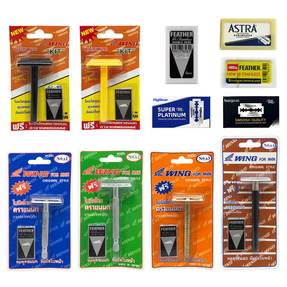 มีดโกน ตรา Wing + ใบมีดโกนตราขนนก ด้ามโกนแบบ 2คม โกนหนวด โกนผม Wing Feather Astra Flydear Matgicol Shaving Razor Blades