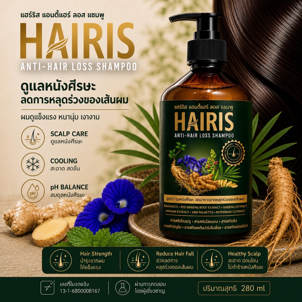 Hairis แชมพูลดผมร่วง กู้ผมหนา ดีท็อกซ์ราก เร่งเกิดใหม่ ผสานสองโสมพรีเมียม(แดง&เปรู) สูตรเย็นสดชื่น 280ml