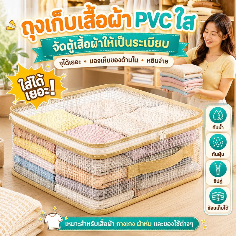 UMI ถุงเก็บของ วัสดุPVCใส ใส่เสื้อผ้า ผ้าห่ม กางเกง พับได้ กันน้ำ กันฝุ่น อเนกประสงค์ จัดระเบียบตู้เสื้อผ้า