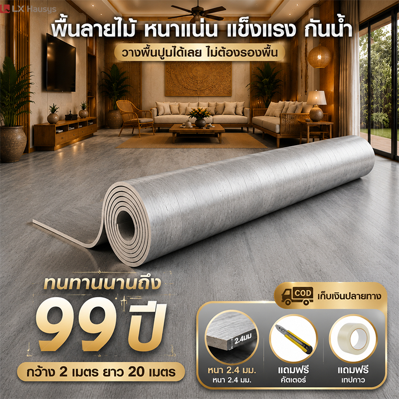 LX หนา2.4mm เพียง 10 วินาที ก็ปูเสร็จ 40 ตารางเมตร  กระเบื้องยาง  pvc กระเบื้องยางลายไม้  แผ่นปูพื้น ปูพื้นห้องนอน