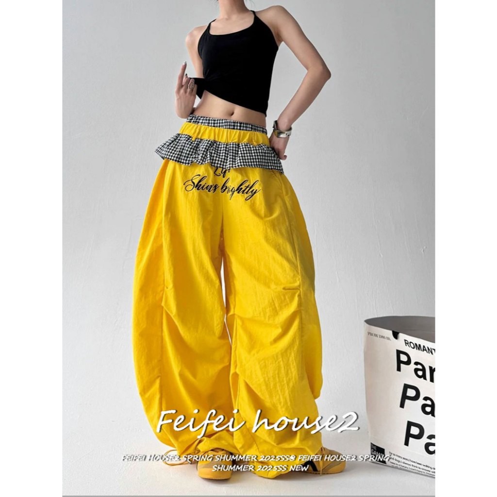 [Feifei-Plaid lace wide-leg trousers]กางเกงขากว้างเอวสูงต่อผ้าขอบจีบสไตล์ลำลองสำหรับผู้หญิง
