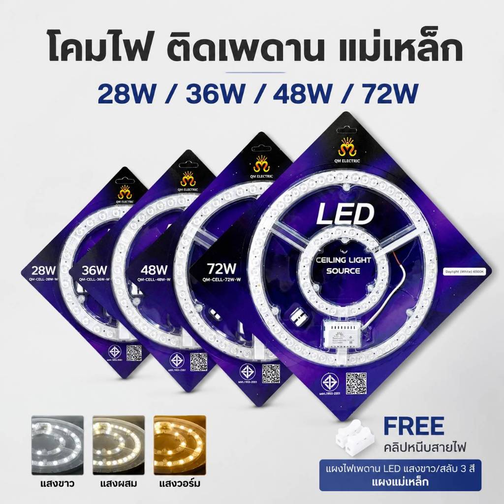 แผงไฟแม่เหล็ก LED เพดาน 28W 36W 48W 72W ปรับ 3 สี โมดูลไฟซาลาเปา ติดตั้งง่าย มอก.1955-2551