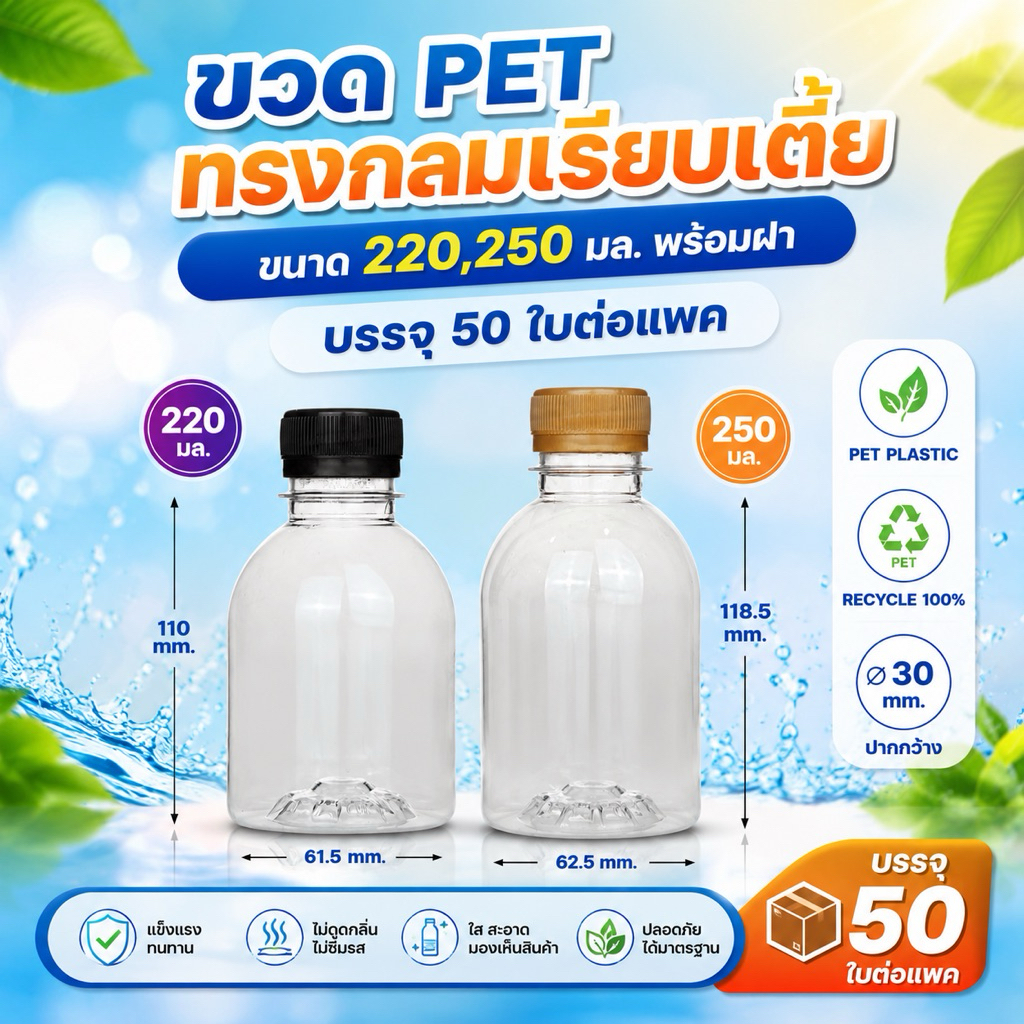 (50 ใบ) ขวดพลาสติก ทรงเหลี่ยมเรียบ