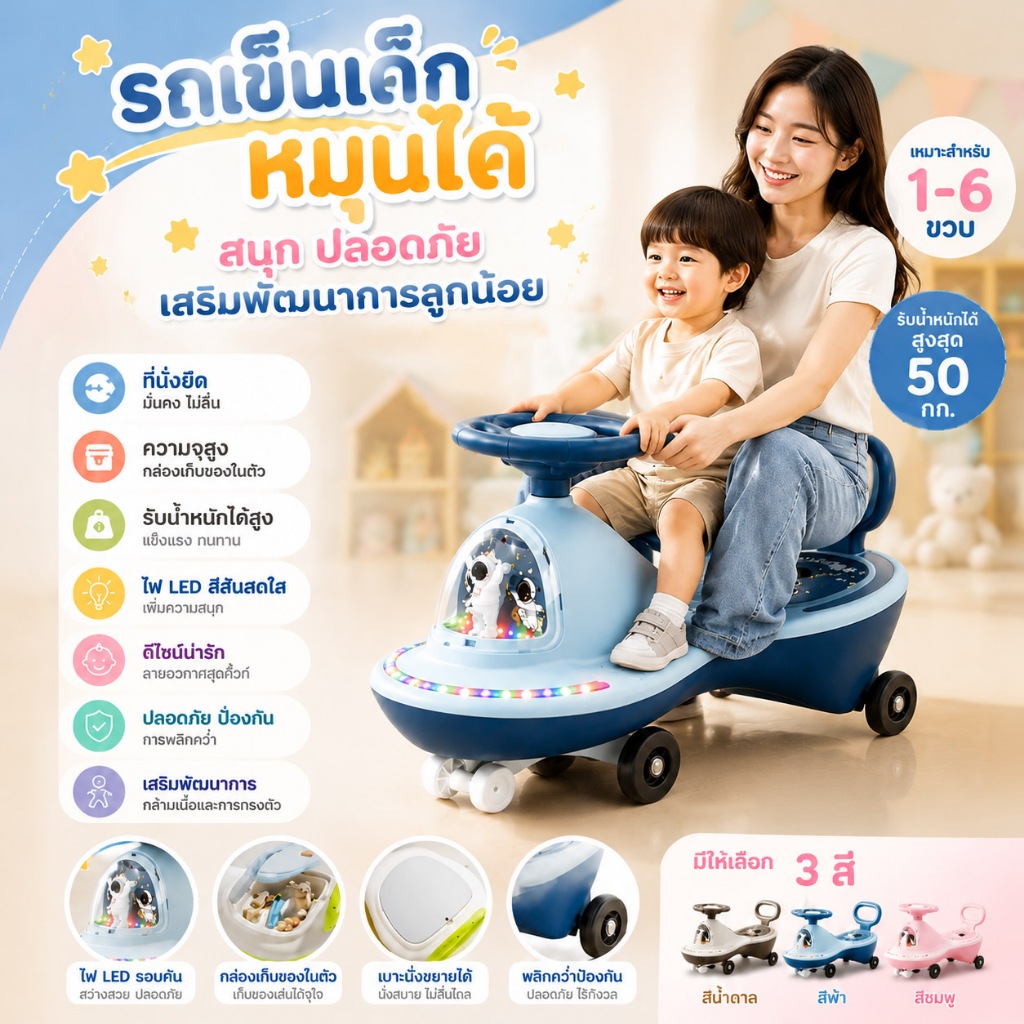 รถเข็นเด็กหมุนได้ รถโยโย่เด็ก รถสไลด์ รถเข็นเด็กอวกาศ LED มีเสียง มีไฟ กันล้ม รองรับน้ำหนักได้ 50กก. ใช้ได้ตั้งแต่ 1-6 ข