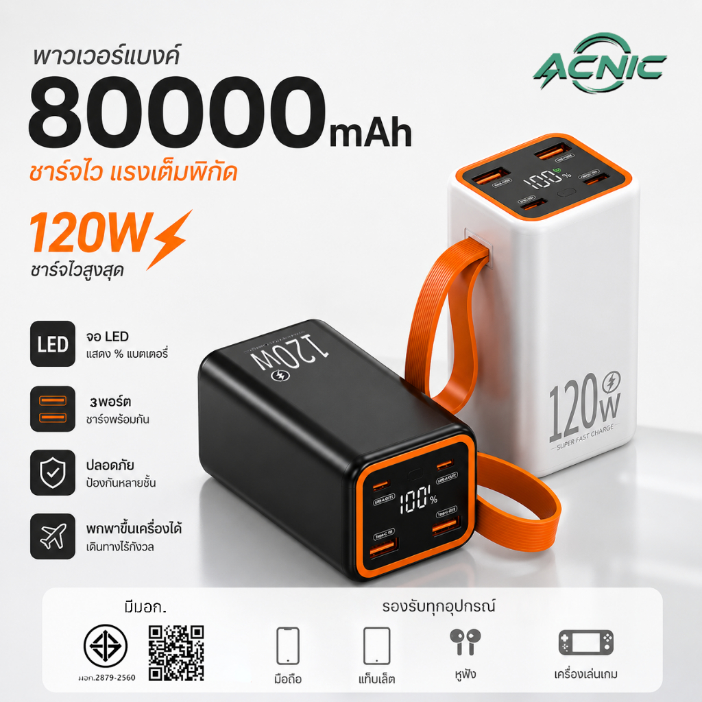 ACNIC ccc พาวเวอร์แบงค์ 80000mAh ชาร์จเร็ว120W  Powerbank แบบพกพา ชาร์จได้ พร้อม 3 เครื่อง แบตเตอรี่