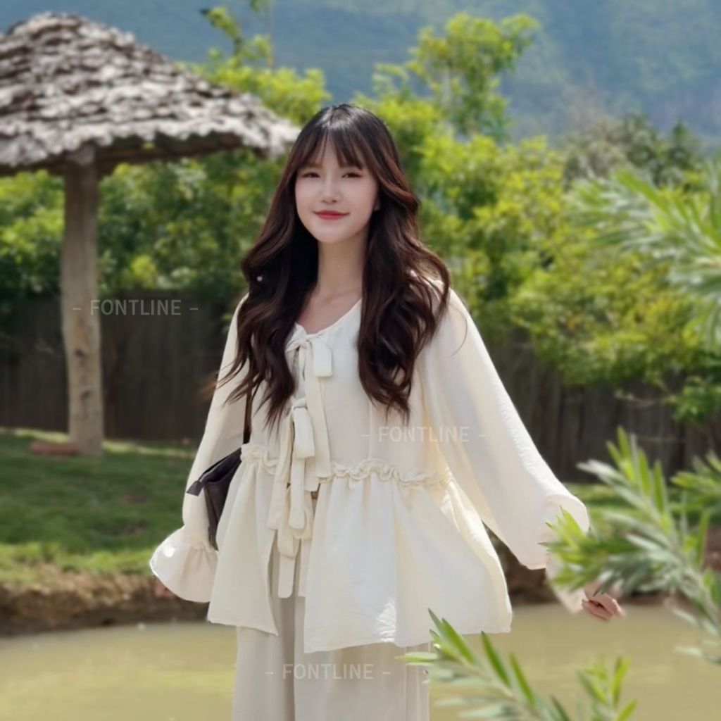 FONTLINE เสื้อเบลาส์ผูกโบว์ แขนยาวใส่สบาย เนื้อผ้าไม่ต้องรีด นุ่มไม่ร้อน ดีเทลระบาย สไตล์มินิมอล (V101)