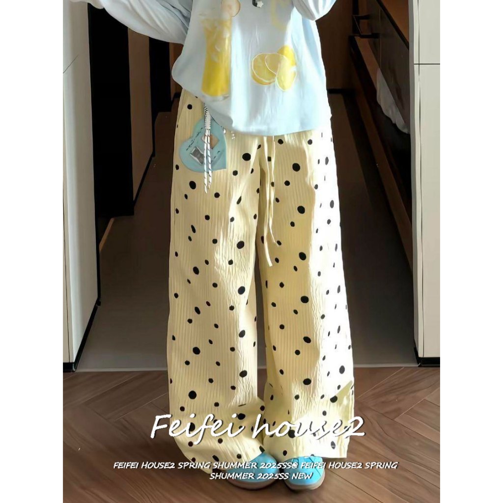 [Feifei-Polka dot printed trousers]กางเกงขายาวขากว้างหลวมเชือกดึงเอวพิมพ์ลายจุดทั่วตัวสำหรับผู้หญิง