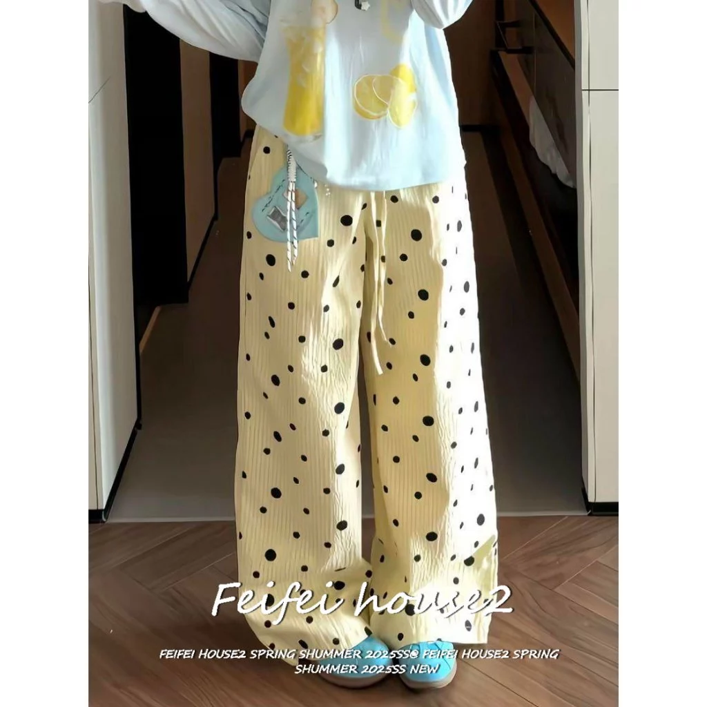 [Feifei-Polka dot printed trousers]กางเกงขายาวขากว้างหลวมเชือกดึงเอวพิมพ์ลายจุดทั่วตัวสำหรับผู้หญิง
