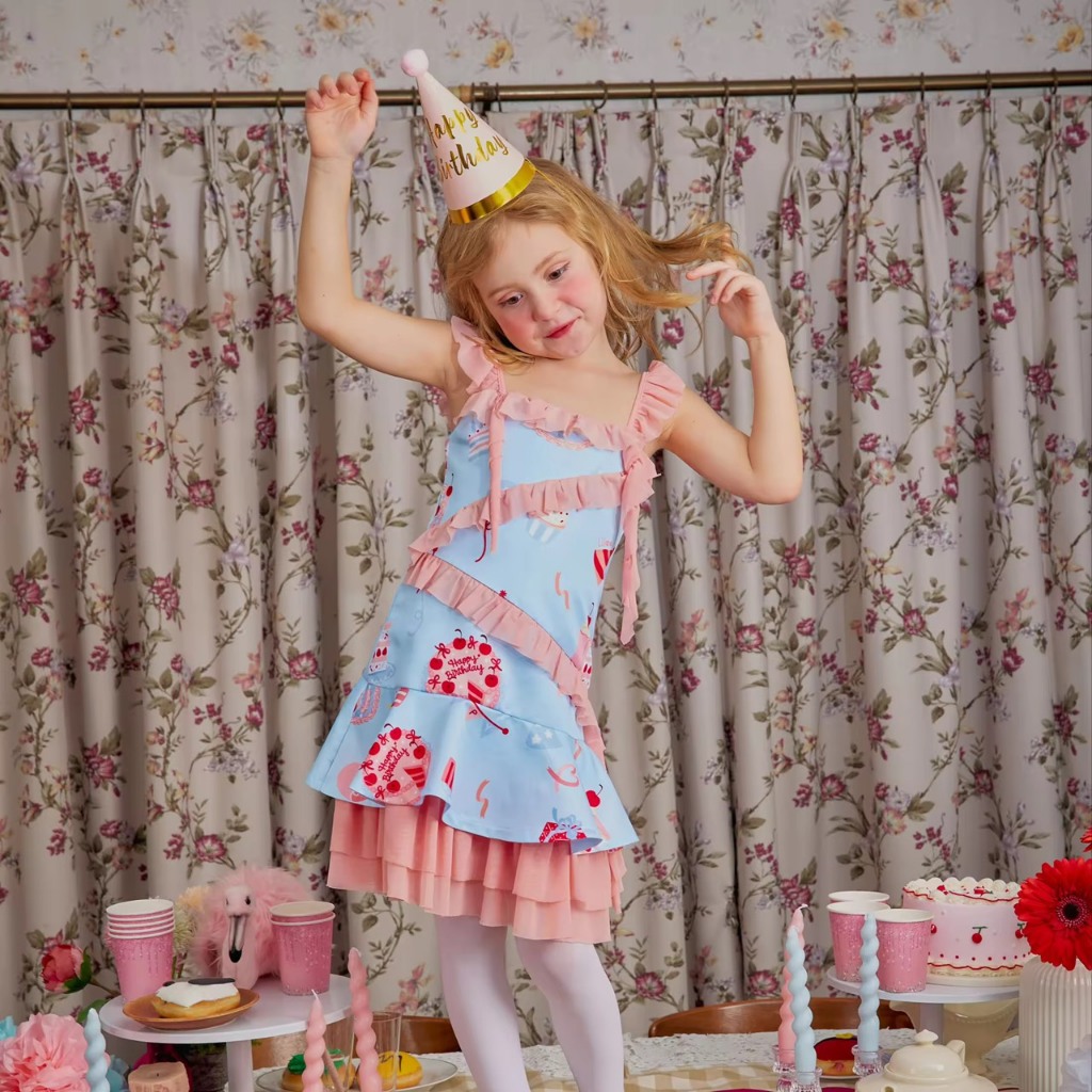 Liliana Happy Birth Day Girls' Dress, Model Blueberry Cream Dress สีSky Blue เดรสเด็กผู้หญิง ทรงเข้ารูป สายเดี่ยว