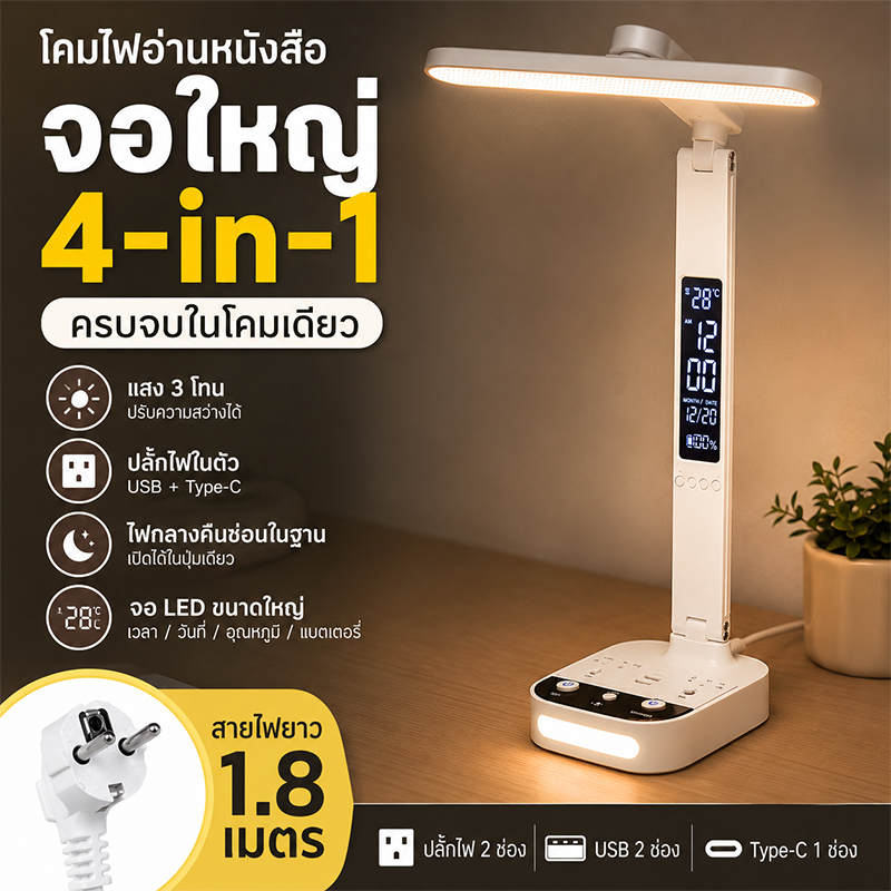 โคมไฟตั้งโต๊ะ LED มีปลั๊ก+USB-C ปรับแสง3สี ถนอมสายตา มีนาฬิกา มัลติฟังก์ชั่น พับได้ โคมไฟอเนกประสงค์