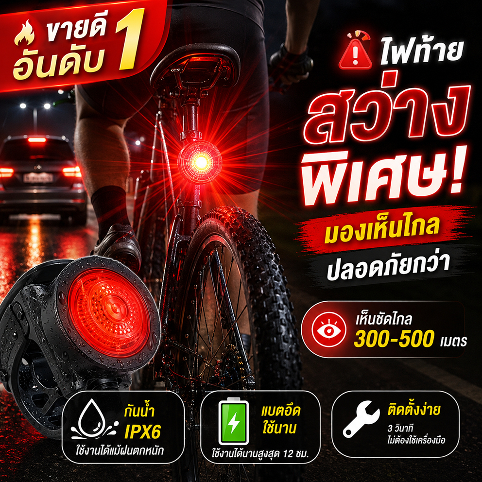Joy ไฟท้ายจักรยาน LED แบบหนีบ ชาร์จ USB แสงสว่างสูง กันน้ำ ปรับได้หลายโหมด เพิ่มความปลอดภัยในการปั่น