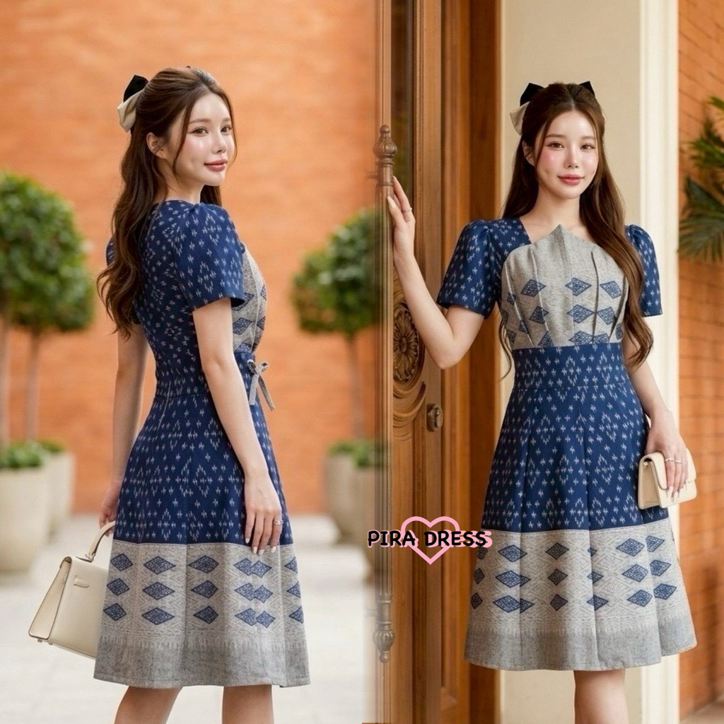 PIRA DRESS เดรสผ้าฝ้าย อัดกาวทั้งชุด สีกรมเทา