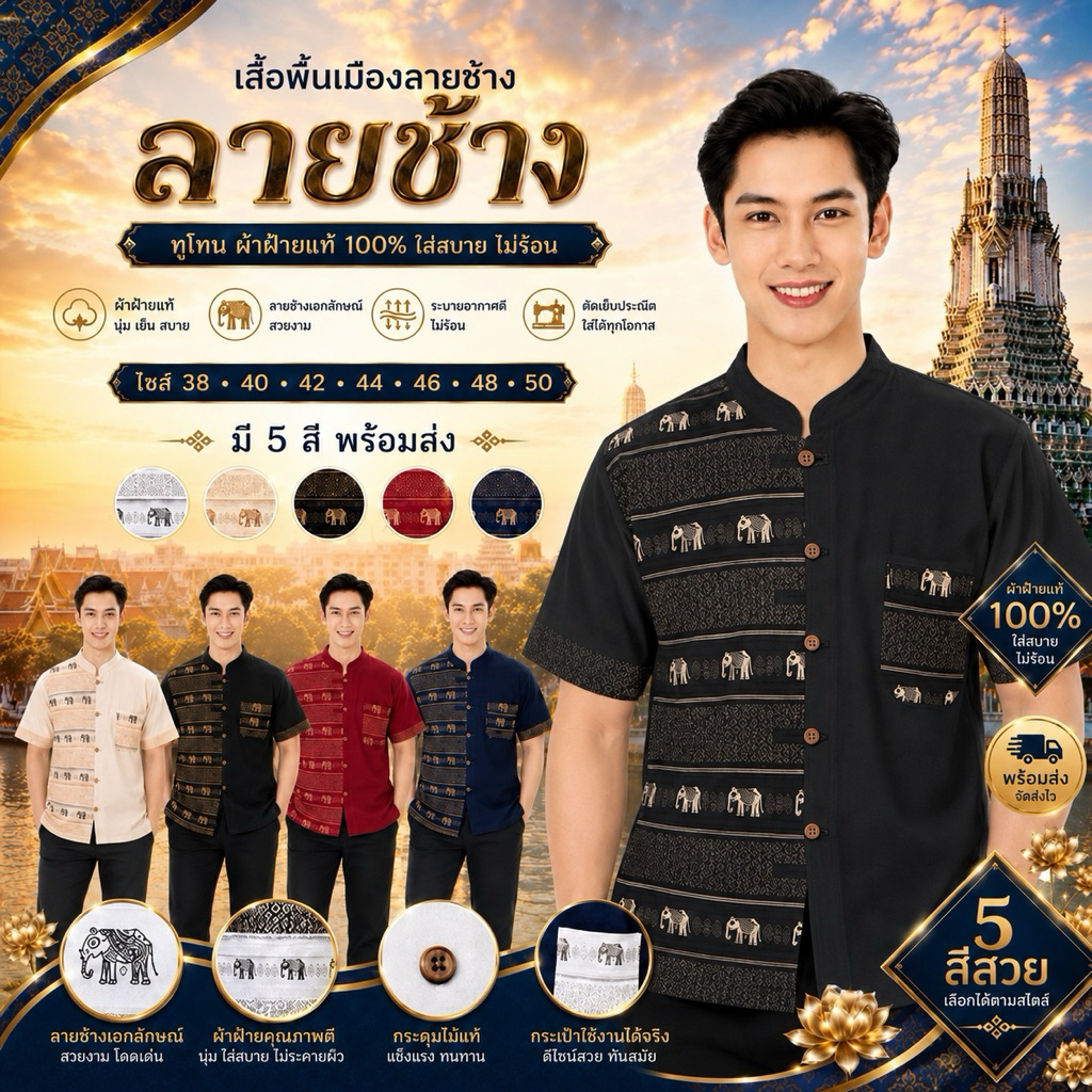 เสื้อคอจีนผู้ชาย ลายช้างไทยทูโทน🐘🇹🇭