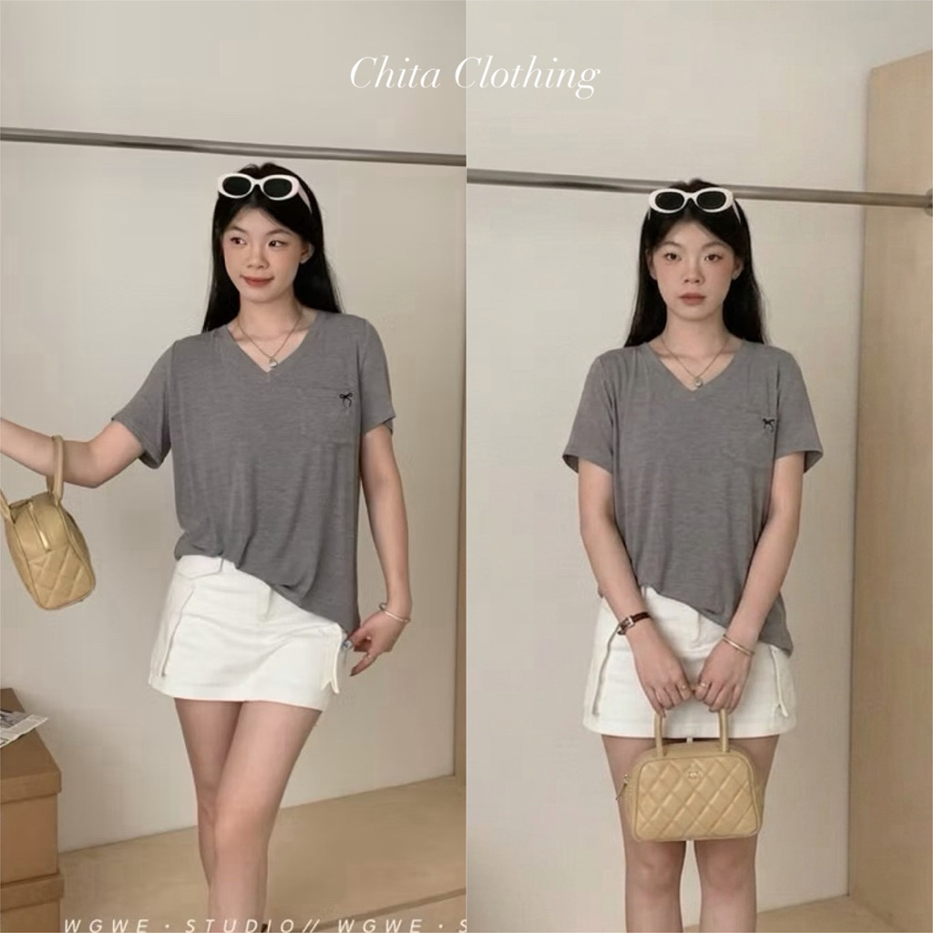 พร้อมส่ง 8430 เสื้อแขนสั้นคอวี ปักลายโบว์ช่วงอก ทรงหลวม ใส่สบาย TAG:WG.WE