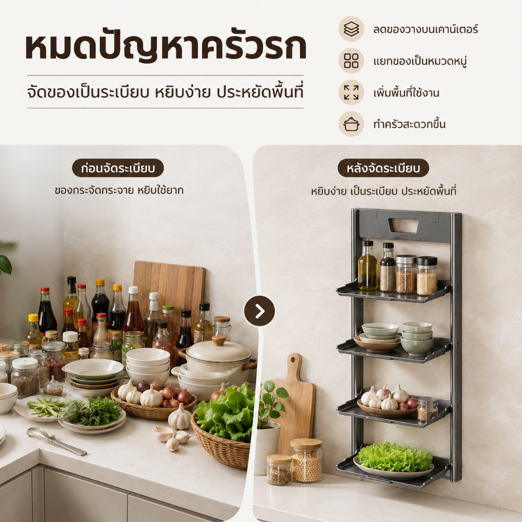 ชั้นวางติดผนัง 4 ชั้น พับถอดง่าย ใช้ครัว ห้องนอน รูปที่ 5