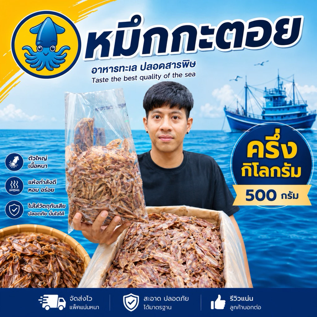 ปลาหมึกกะตอยแห้ง ของฝากปากน้ำปราณ อร่อย ไม่เค็ม ตากแดดธรรมชาติ