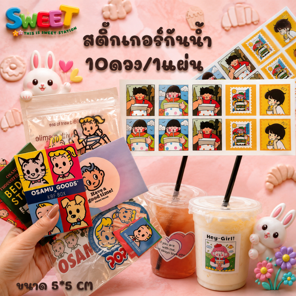 SWEET STATION 10แผ่น/แพ็ค สติ๊กเกอร์ลายการ์ตูน ขนาด 5x5 cm. สติ้กเกอร์ติดแก้วเครื่องดื่ม(สติกเกอร์กระดาษเคลือบ)