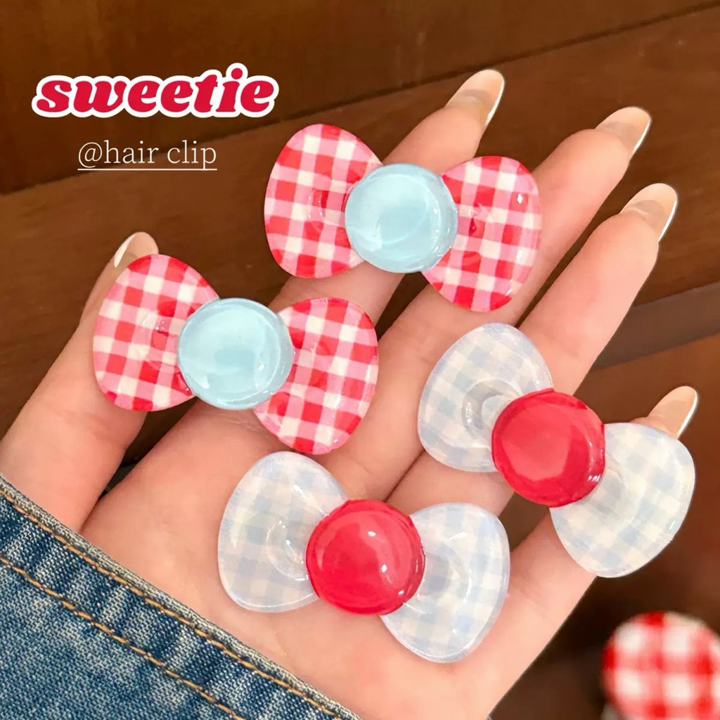Cute 536 กิ๊บติดผม กิ๊บหนีบผมโบว์ตารางสีสดใส 2 ชิ้น/แพ็ค