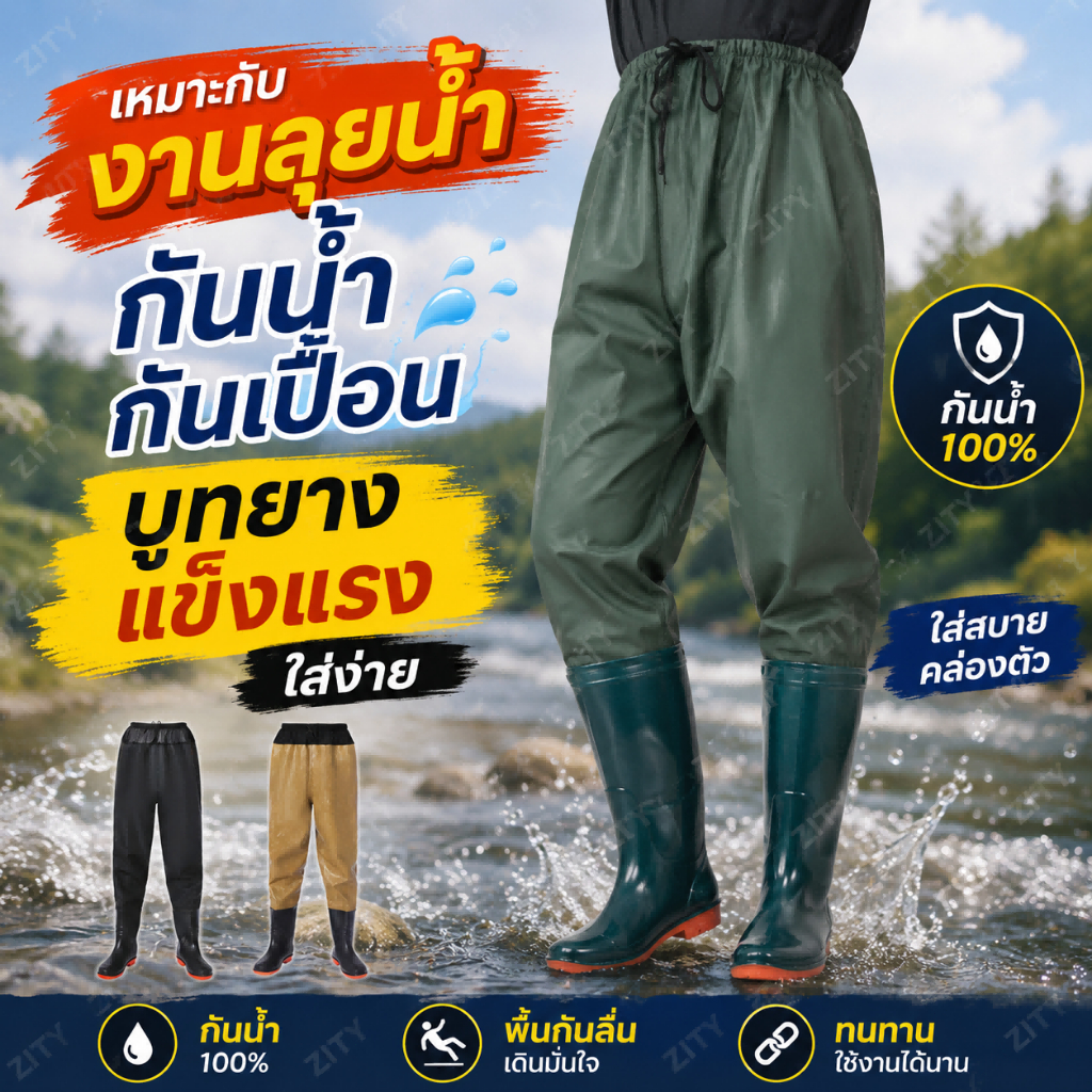 รองเท้าบูทกันน้ำ กางเกงกันน้ำ  PVC ชุดเอี้ยมกันน้ำ ยางสังเคราะห์ อย่างดี กางเกงทำสวน ทำไร่ ใสสบาย น้ำท่วม ลุยน้ำ ทำสวน
