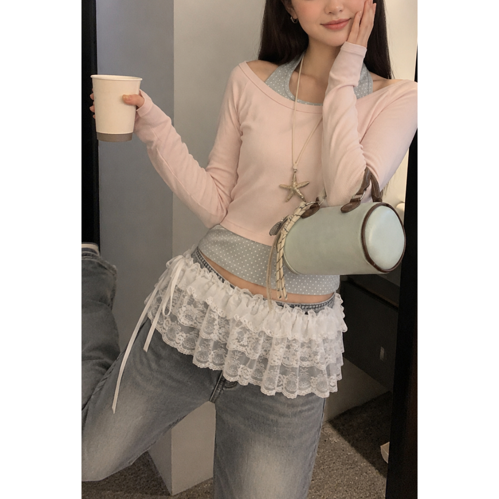 (พร้อมส่ง) Clothestoryy - Riko Top เสื้อแขนยาว คล้องคอลายจุด *เย็บติดกัน*