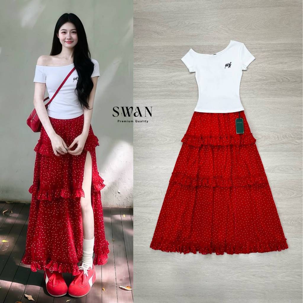 Swan Setเสื้อเปิดไหลขาว+กระโปรงยาวแดง