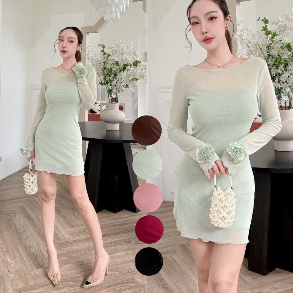 Velvet Whisper Dress เดรสสั้นแขนยาวผ้าซีทรูสุดละมุน ช่วงอกและแขนผ้าตาข่ายโปร่งเบา แต่งดอกคามิเลียทั้งสองข้าง