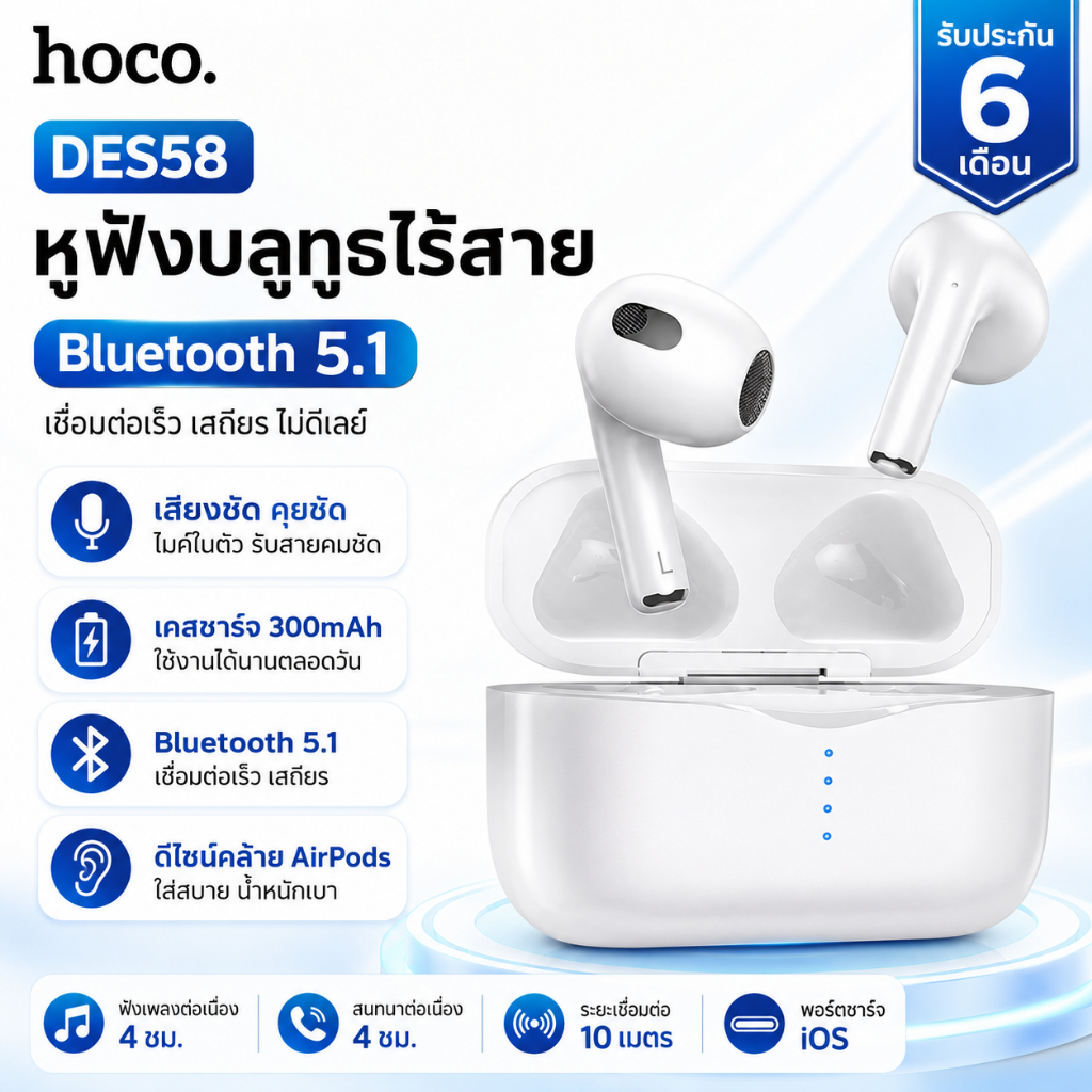 HOCO DES58 หูฟังไร้สาย Bluetooth 5.1เสียงชัด ไมค์ชัด รับสายได้ ระบบสัมผัส ฟังเพลง4ชม เคสชาร์จ 300mAh ดีไซน์คล้าย AirPods