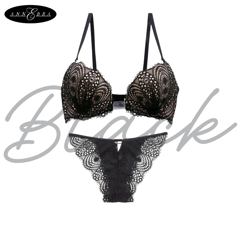 Annebra เซตบรา+กกน. บราเสริมทรง ตะขอหลัง มีโครง มีฟองน้ำ Push Up Bra+Panty SET รุ่น AB1-574/AU3-854 Black