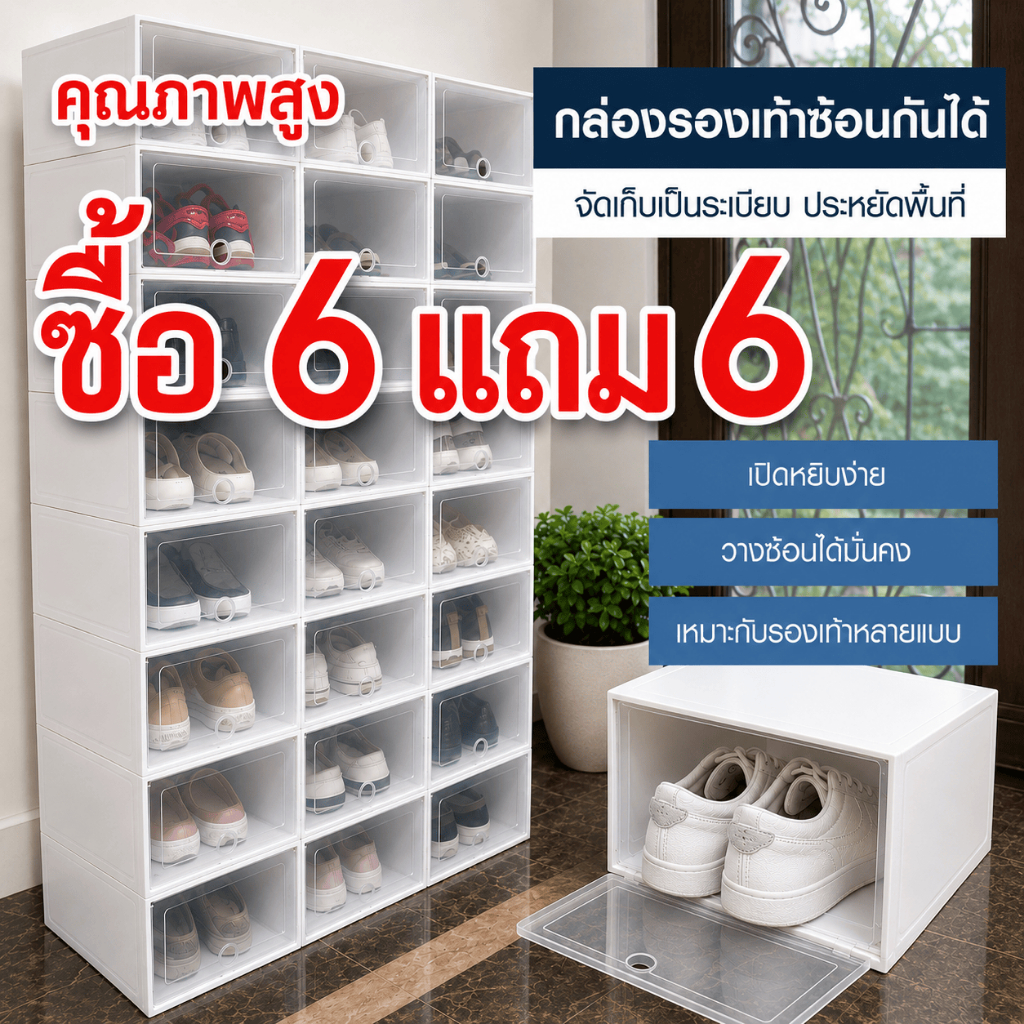 กล่องรองเท้า กล่องใส่รองเท้าฝาใส กล่องเก็บรองเท้า ฝาเปิดด้านหน้า ซ้อนได้ พับได้ กันฝุ่น ประหยัดพื้นที่ พร้อมส่ง