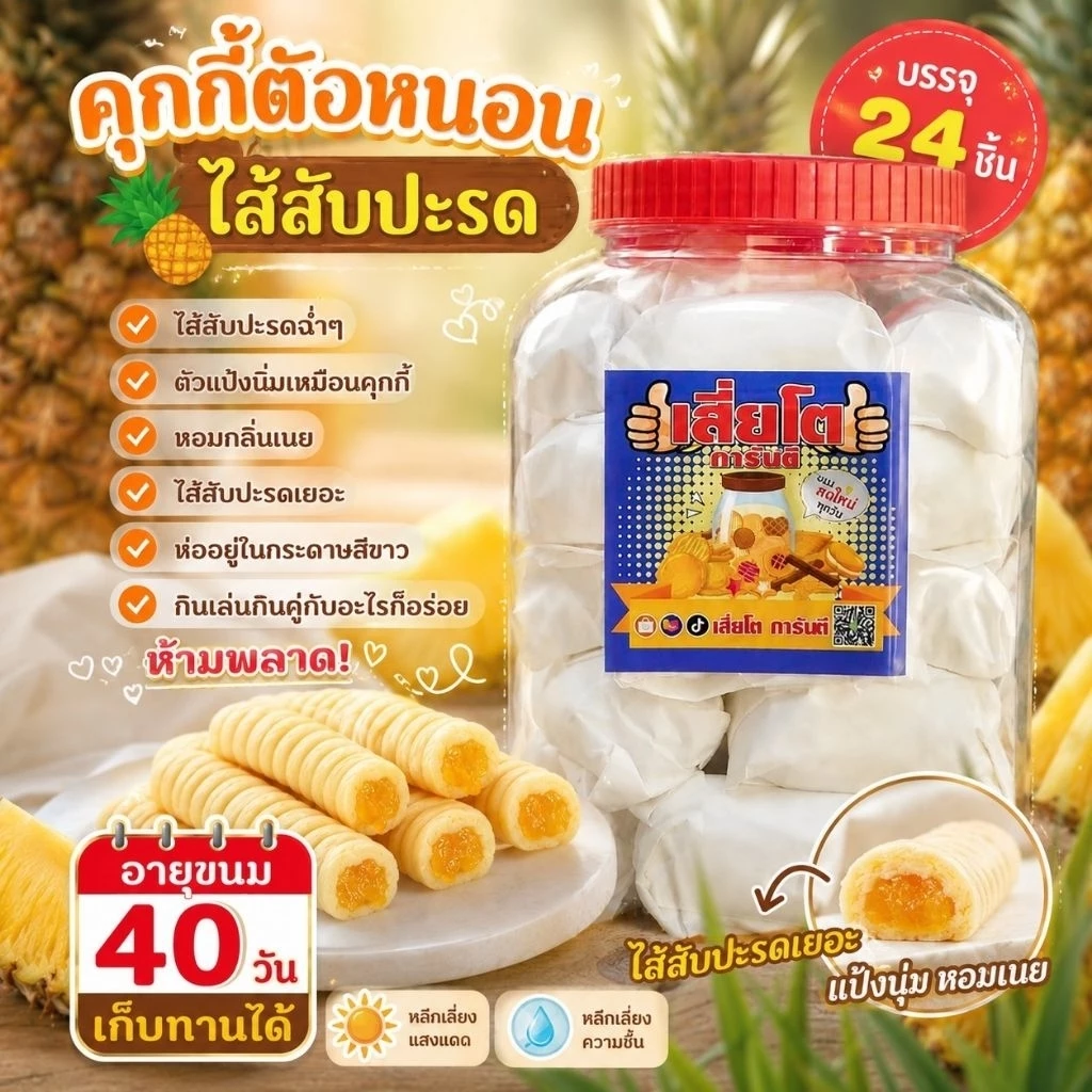ขนมตัวหนอนไส้สัปปะรด โหลใหญ่ 24ชิ้น(ขายดี)