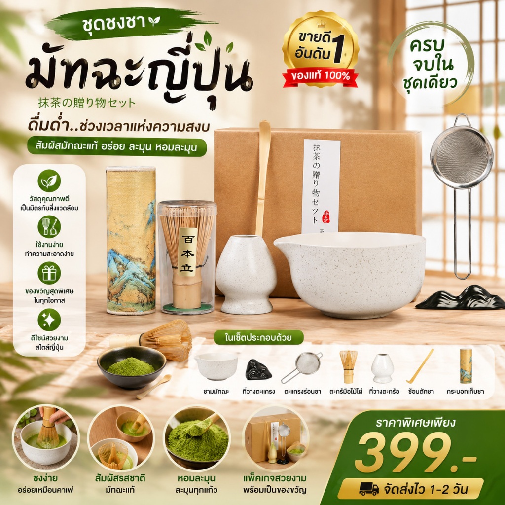 🍵[พร้อมส่ง] ชุดชงมัทฉะเซ็ต 7 ชิ้น เครื่องชงชาเขียวญี่ปุ่น เซรามิคปลอดภัย ใช้ในบ้าน/ร้านชา ราคาถูก คุณภาพดี