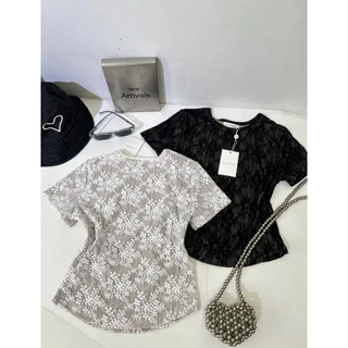 M2190 เสื้อยืดลูกไม้ซีทรูสุดคิวท์ น่ารักเกินต้านนน รุ่นนี้คือปังมากก! ดีเทลผ้าลูกไม้ทอลายดอกไม้เล็กๆ