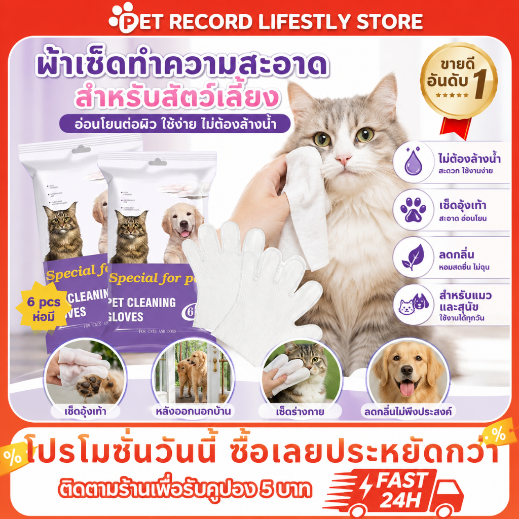 Pet Record ถุงมืออาบน้ำแมว ถุงมืออาบน้ำสุนัข ถุงมือเช็ดตั ใช้งานง่าย ไม่ระคายเคืองผิว 6pcspet wipes cat wipes dog wipes