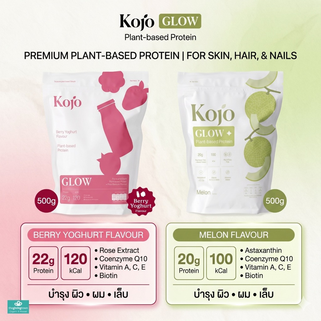 KOJO GLOW โปรตีนจากพืช PeaTides™ รสเมล่อน และ เบอร์รี่โยเกิร์ต | โปรตีน 21-22 กรัม 0% น้ำตาล | Vegan