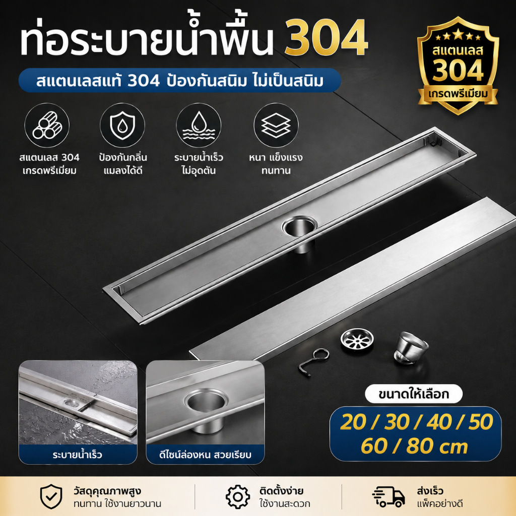 ตะแกรงท่อระบายน้ำสี่เหลี่ยมผืนผ้า สแตนเลส 304 คุณภาพสูง ล่องหน ฝังกระเบื้องได้ ป้องกันแมลง กันกลิ่น ขนาด 20~80 ซม