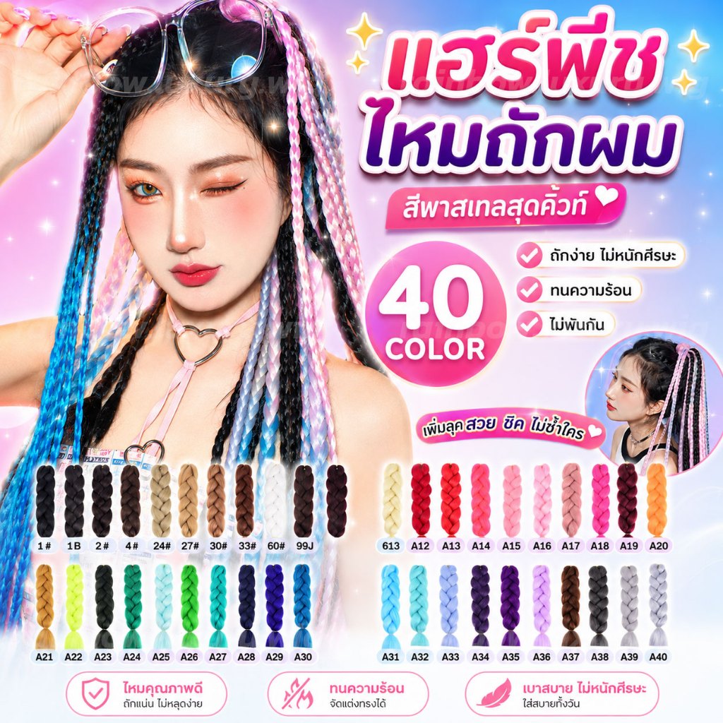 【 ส่งด่วน ปทุมธานี】 แฮร์พีช ไหมถักผม รุ่น 3-4 สี  ยาว 60cm น้ำหนัก 100 กรัม ไหมนุ่ม ดูเป็นธรรมชาติ