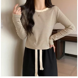 Beryl เสื้อยืดแขนยาวลายทางสำหรับผู้หญิง ดีไซน์เรียบง่าย สไตล์ลำลอง เสื้อคอกลมย้อนยุค ผสานสีสันตัดสี สไตล์เกาหลี จับคู่ได