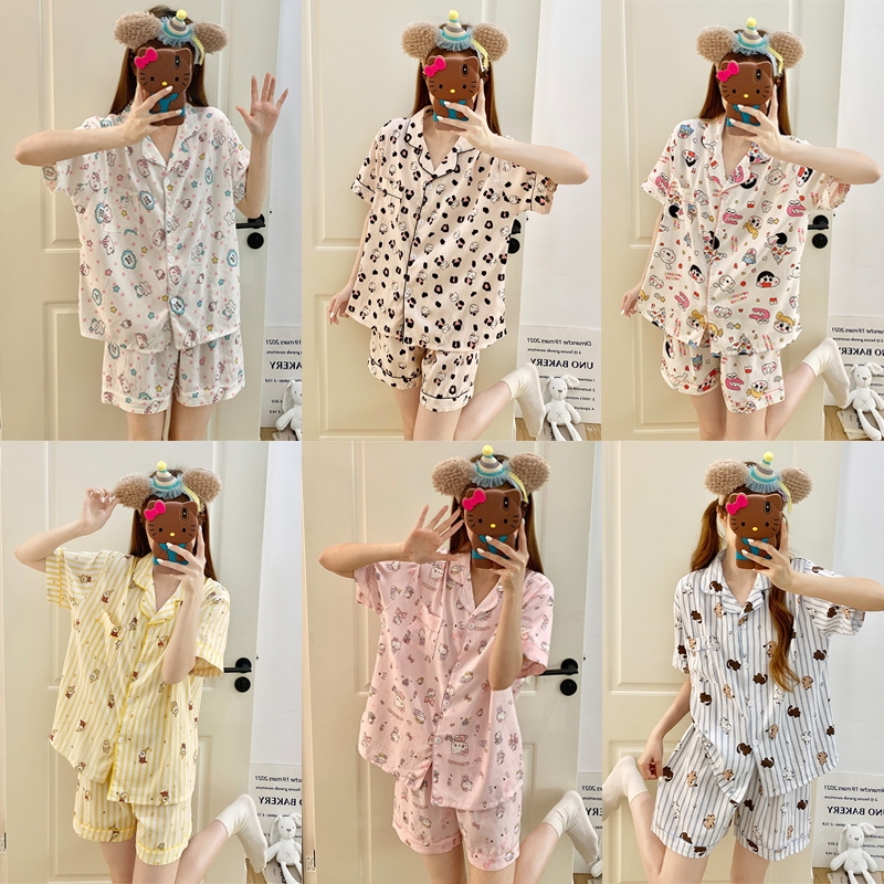 เซตชุดนอนแขน-ขาสั้น ผ้าไหมญี่ปุ่น  คอปก M-XXL ชุดนอนลายการ์ตูน สวมใส่สบาย ผ้านิ่มไม่เเข็ง