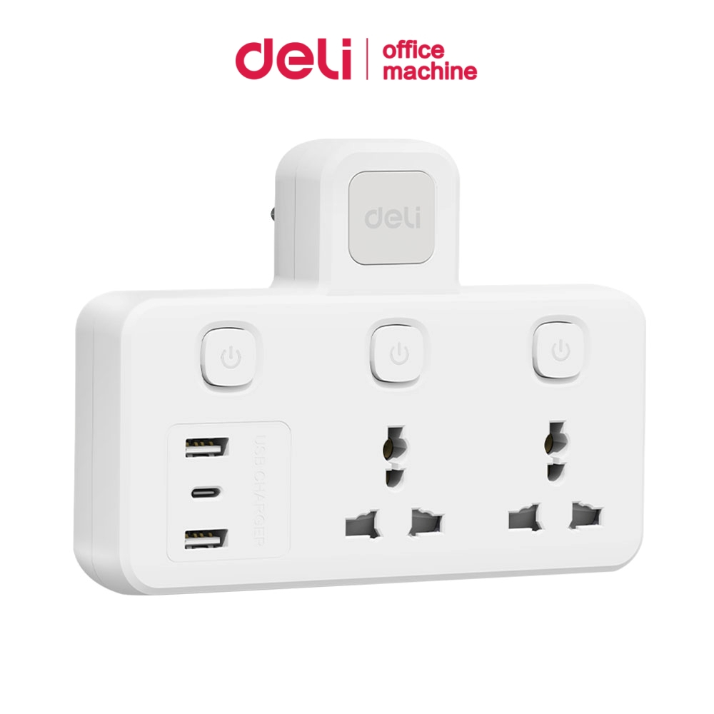 Deli ปลั๊กแปลง หัวปลั๊กชาร์จไว อแดปเตอร์สามตา 10A 2500W ช่องUSB /Type C ชาร์จเร็ว Universal Adapter