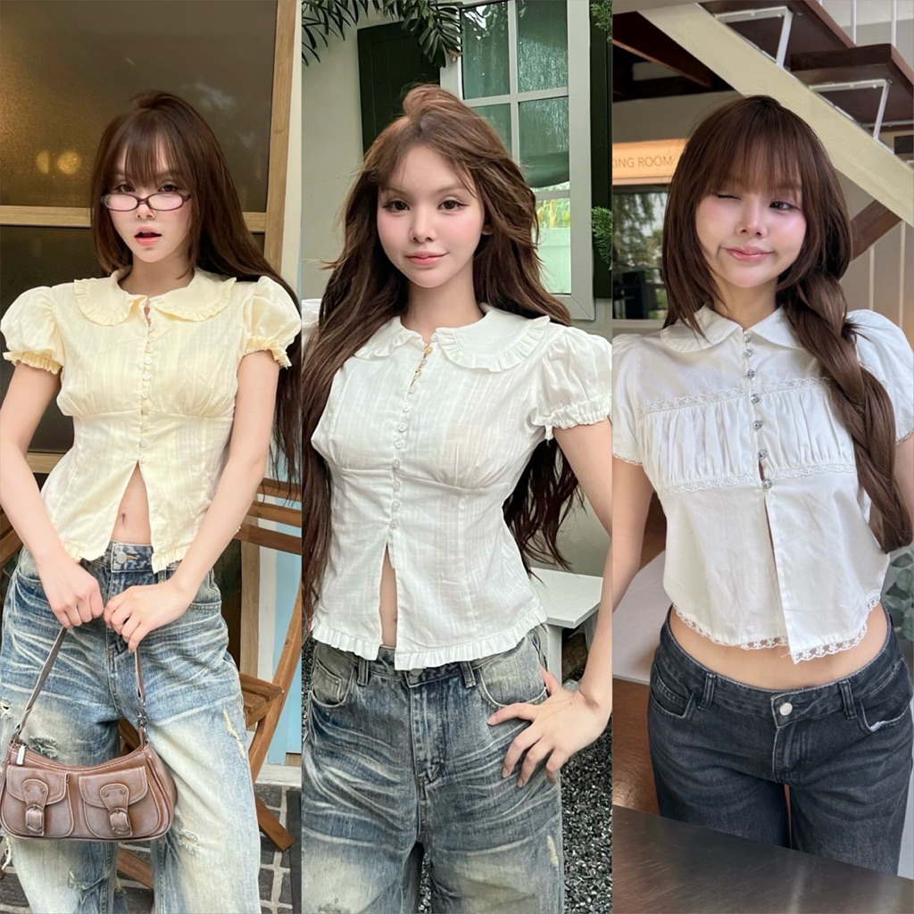แถมโบว์ 🌟Mamildya.shop🌟 เสื้อเชิ้ตแขนสั้นตัวยาว คอปกบัว กุ้นขอบ/ G1-3/COOK-ริบทาง⚫
