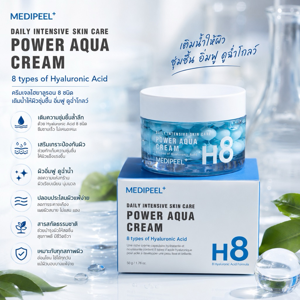 ครีมบำรุงผิว MEDI-PEEL Power Aqua Cream H8 ไฮยาลูรอนเข้มข้น ช่วยกักเก็บความชุ่มชื้น ผิวนุ่มเด้ง ดูสดใส