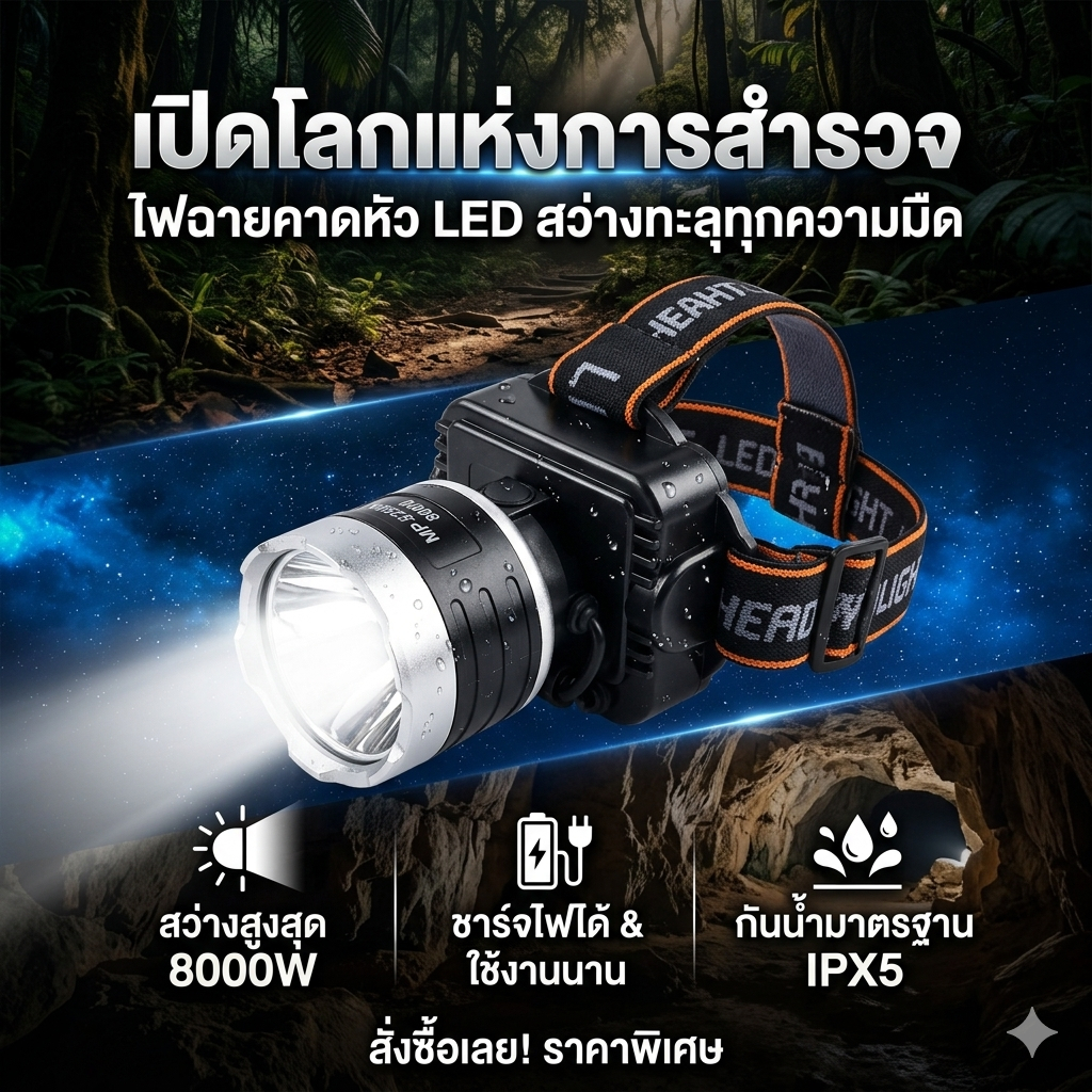 ไฟฉายคาดหัว MP-5250A สองสว่างไกล กันน้ำ ปรับความสว่างได้ ส่องสว่างไกล2000m