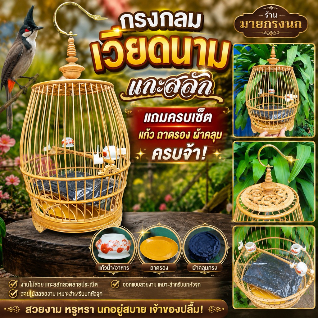 กรงกลมเวียดนามแกะสลัก (แถมแก้ว ผ้าคลุม ถาดรอง)