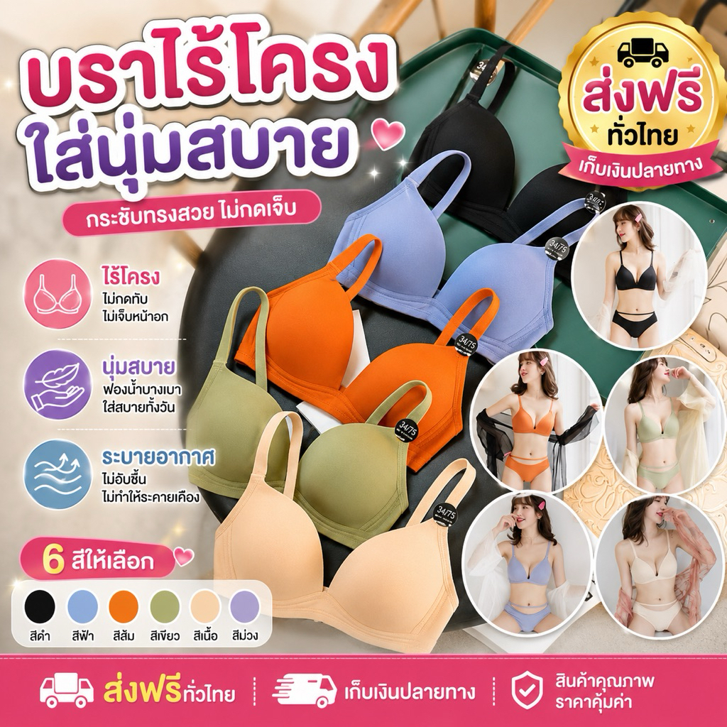 PrettyLady Shop(2601) บราถนอมทรง ไม่มีโครง ใสสบาย 6สี